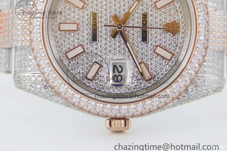 MiroTime 0601 Datejust 41 SS RG Full Diamonds TWF 1:1 Best Edition Diamonds Stick Markers Dial on Bracelet A Refined 2400